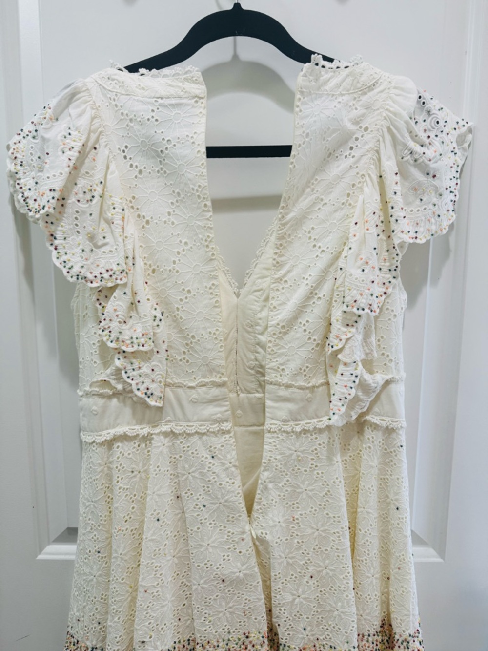 FARM Rio Ivory Eyelet Ruffle V-Neck Dress with Multicolor Beaded Dots - Picture 12 of 16